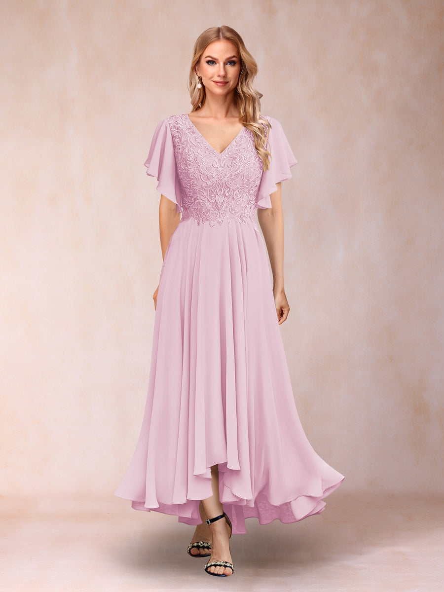 A-Line/Princess V-Neck Short Sleeves Long Evening Dresses with Appliques