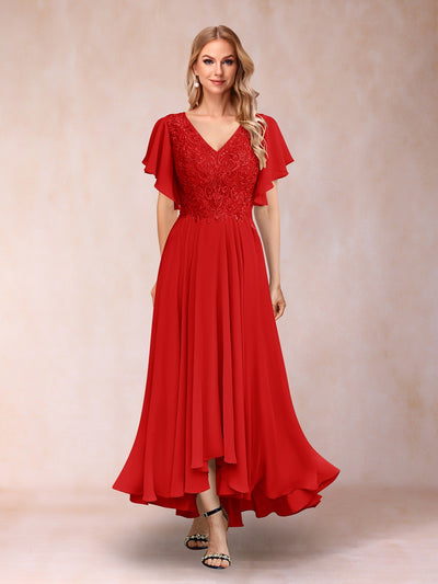 A-Line/Princess V-Neck Short Sleeves Long Evening Dresses with Appliques