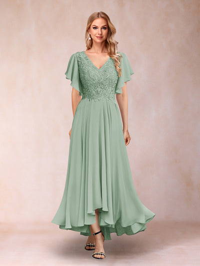 A-Line/Princess V-Neck Short Sleeves Long Evening Dresses with Appliques