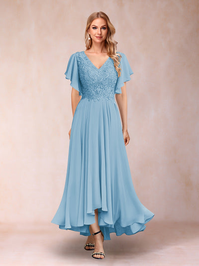 A-Line/Princess V-Neck Short Sleeves Long Evening Dresses with Appliques