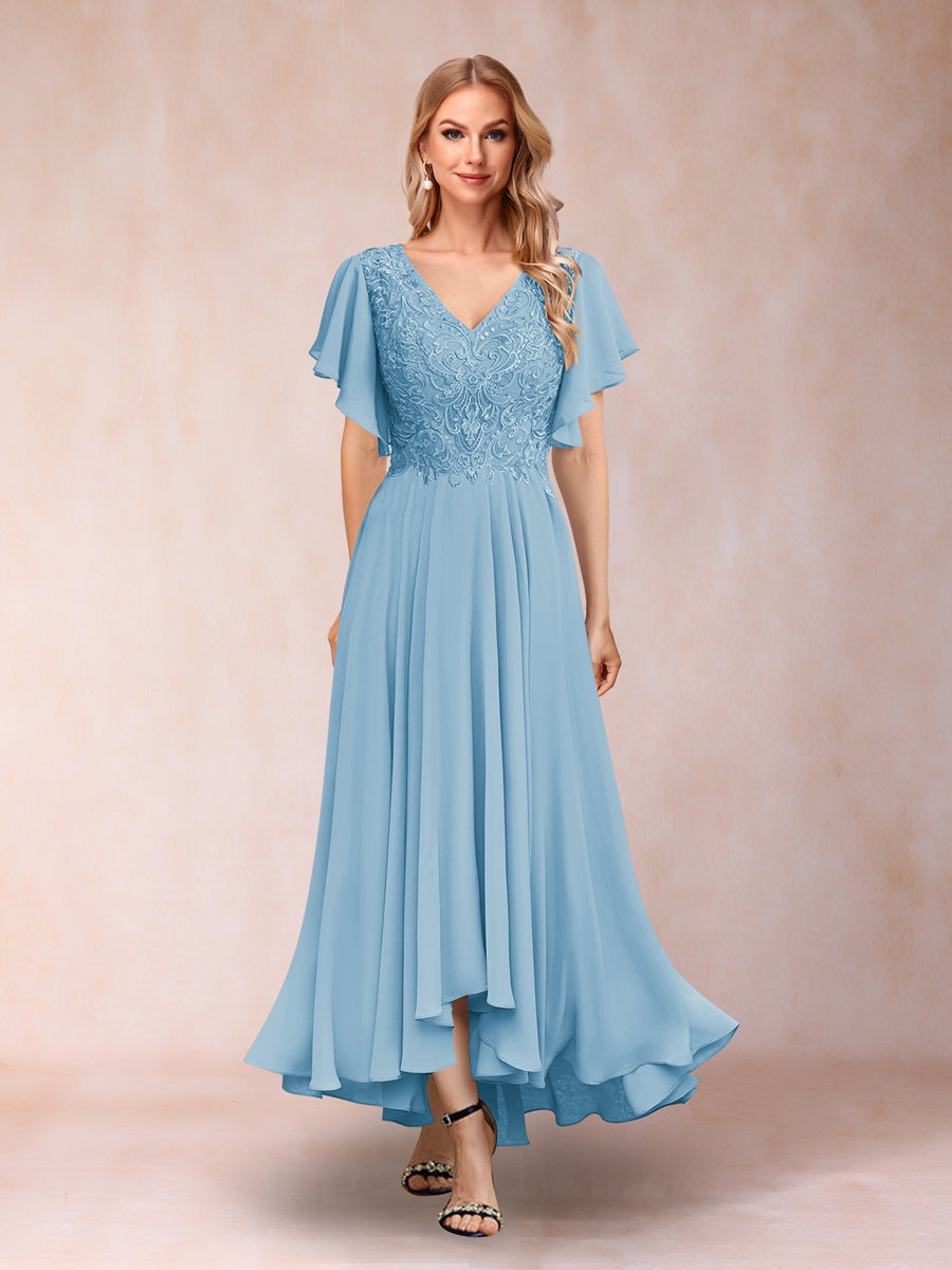 A-Line/Princess V-Neck Short Sleeves Long Evening Dresses with Appliques