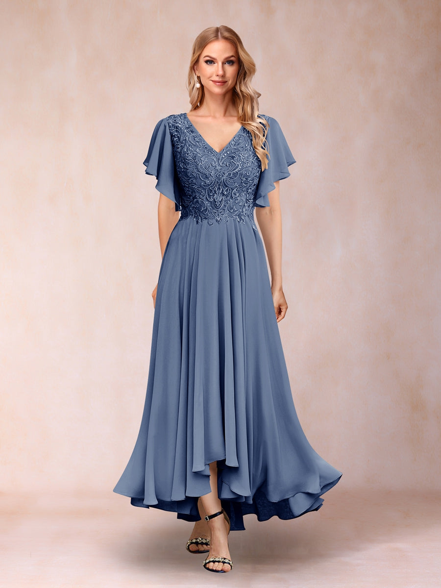 A-Line/Princess V-Neck Short Sleeves Long Evening Dresses with Appliques