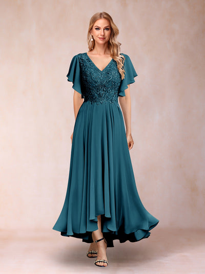 A-Line/Princess V-Neck Short Sleeves Long Evening Dresses with Appliques