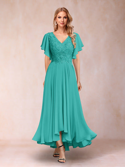 A-Line/Princess V-Neck Short Sleeves Long Evening Dresses with Appliques