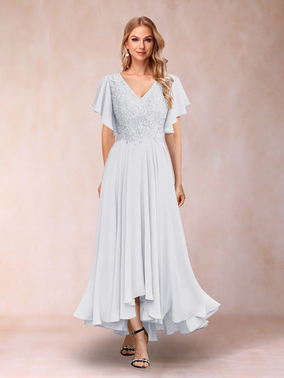 A-Line/Princess V-Neck Short Sleeves Long Evening Dresses with Appliques