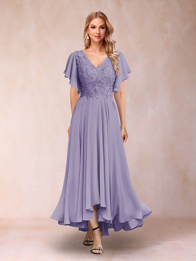 A-Line/Princess V-Neck Short Sleeves Long Evening Dresses with Appliques