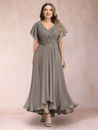 A-Line/Princess V-Neck Short Sleeves Long Plus Size Evening Dresses with Appliques