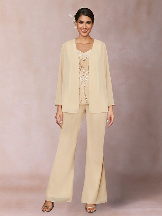 Chiffon Sequins V-Neck Long Sleeves 3 Pieces Pantsuits with Jacket