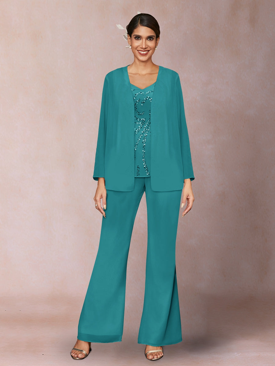 Chiffon Sequins V-Neck Long Sleeves 3 Pieces Pantsuits with Jacket