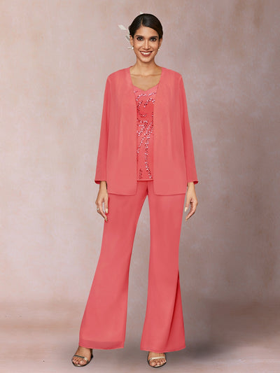 Chiffon Sequins V-Neck Long Sleeves 3 Pieces Pantsuits with Jacket