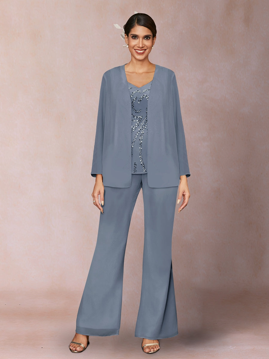 Chiffon Sequins V-Neck Long Sleeves 3 Pieces Pantsuits with Jacket