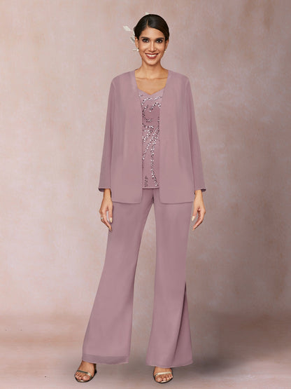 Chiffon Sequins V-Neck Long Sleeves 3 Pieces Pantsuits with Jacket