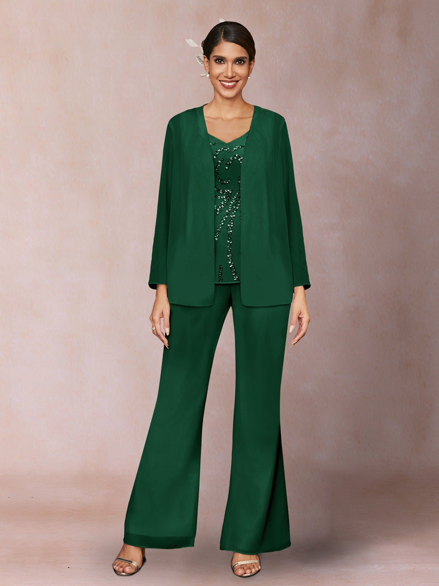 Chiffon Sequins V-Neck Long Sleeves 3 Pieces Pantsuits with Jacket