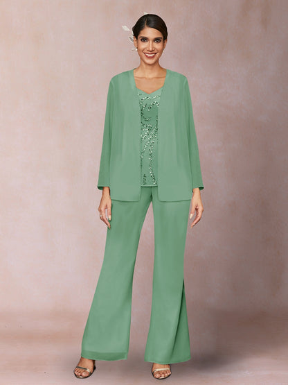 Chiffon Sequins V-Neck Long Sleeves 3 Pieces Pantsuits with Jacket