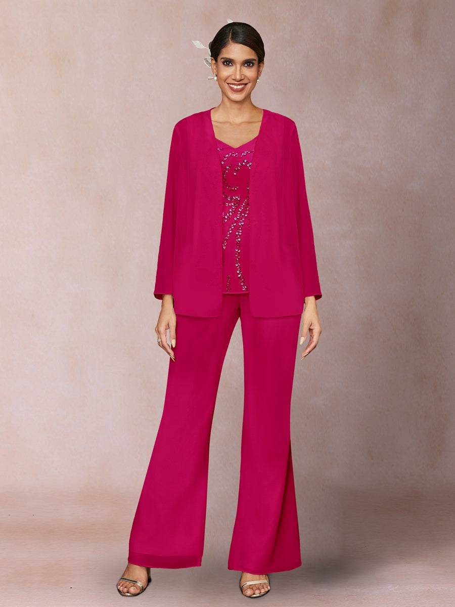 Chiffon Sequins V-Neck Long Sleeves 3 Pieces Pantsuits with Jacket