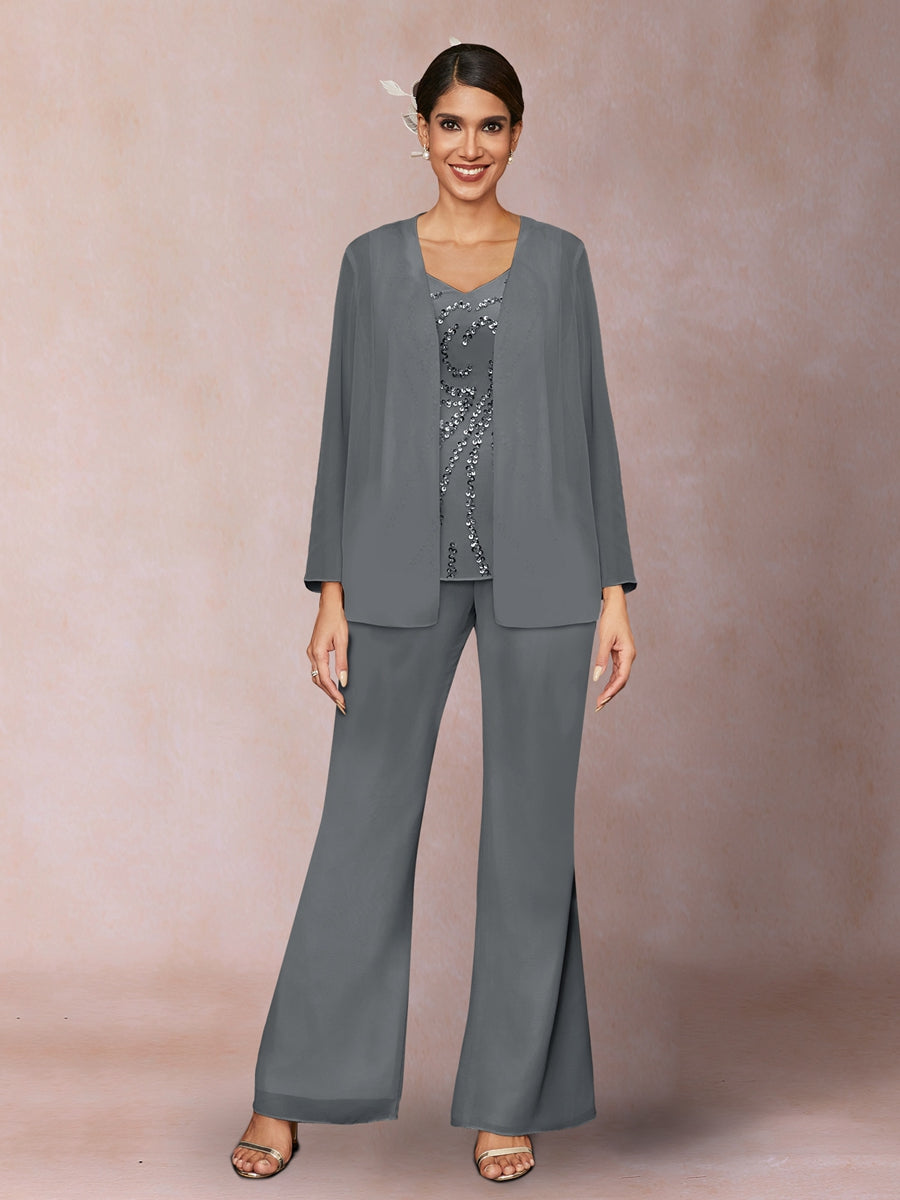 Chiffon Sequins V-Neck Long Sleeves 3 Pieces Pantsuits with Jacket