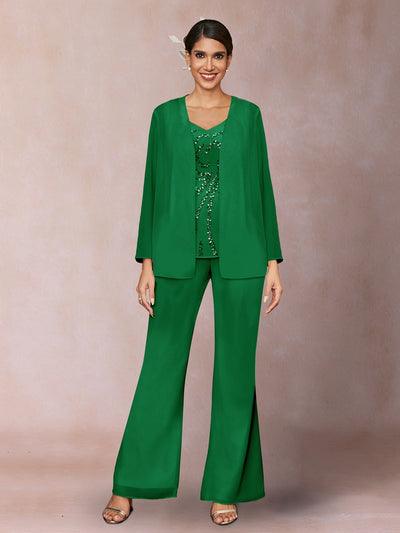 Chiffon Sequins V-Neck Long Sleeves 3 Pieces Pantsuits with Jacket