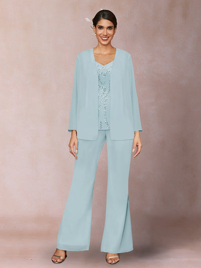 Chiffon Sequins V-Neck Long Sleeves 3 Pieces Pantsuits with Jacket