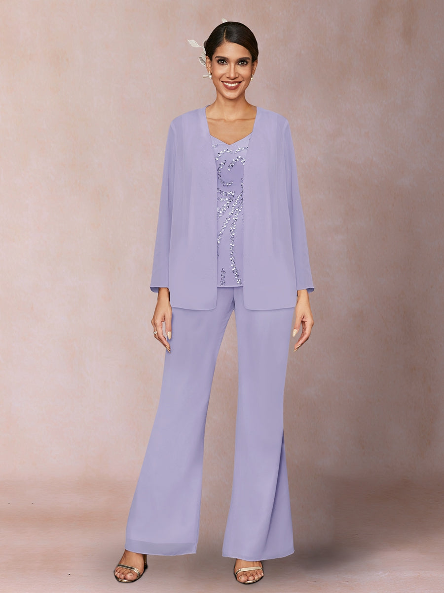 Chiffon Sequins V-Neck Long Sleeves 3 Pieces Pantsuits with Jacket