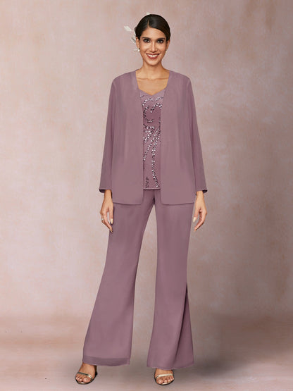 Chiffon Sequins V-Neck Long Sleeves 3 Pieces Pantsuits with Jacket