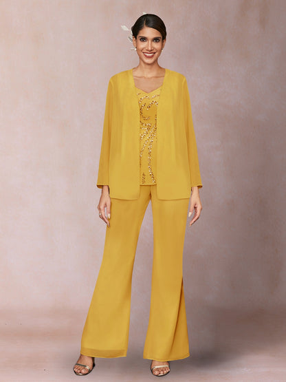 Chiffon Sequins V-Neck Long Sleeves 3 Pieces Pantsuits with Jacket