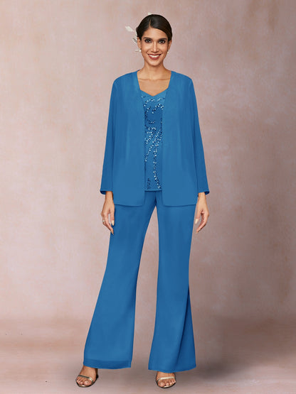 Chiffon Sequins V-Neck Long Sleeves 3 Pieces Pantsuits with Jacket