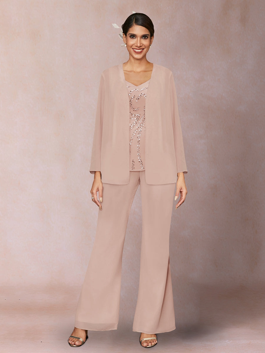 Chiffon Sequins V-Neck Long Sleeves 3 Pieces Pantsuits with Jacket