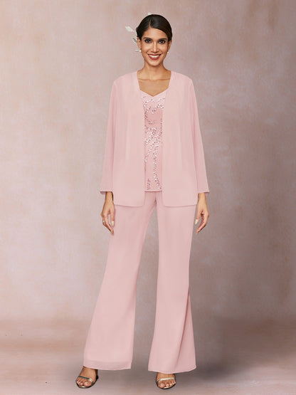 Chiffon Sequins V-Neck Long Sleeves 3 Pieces Pantsuits with Jacket