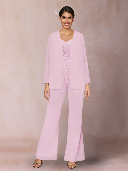 Chiffon Sequins V-Neck Long Sleeves 3 Pieces Pantsuits with Jacket