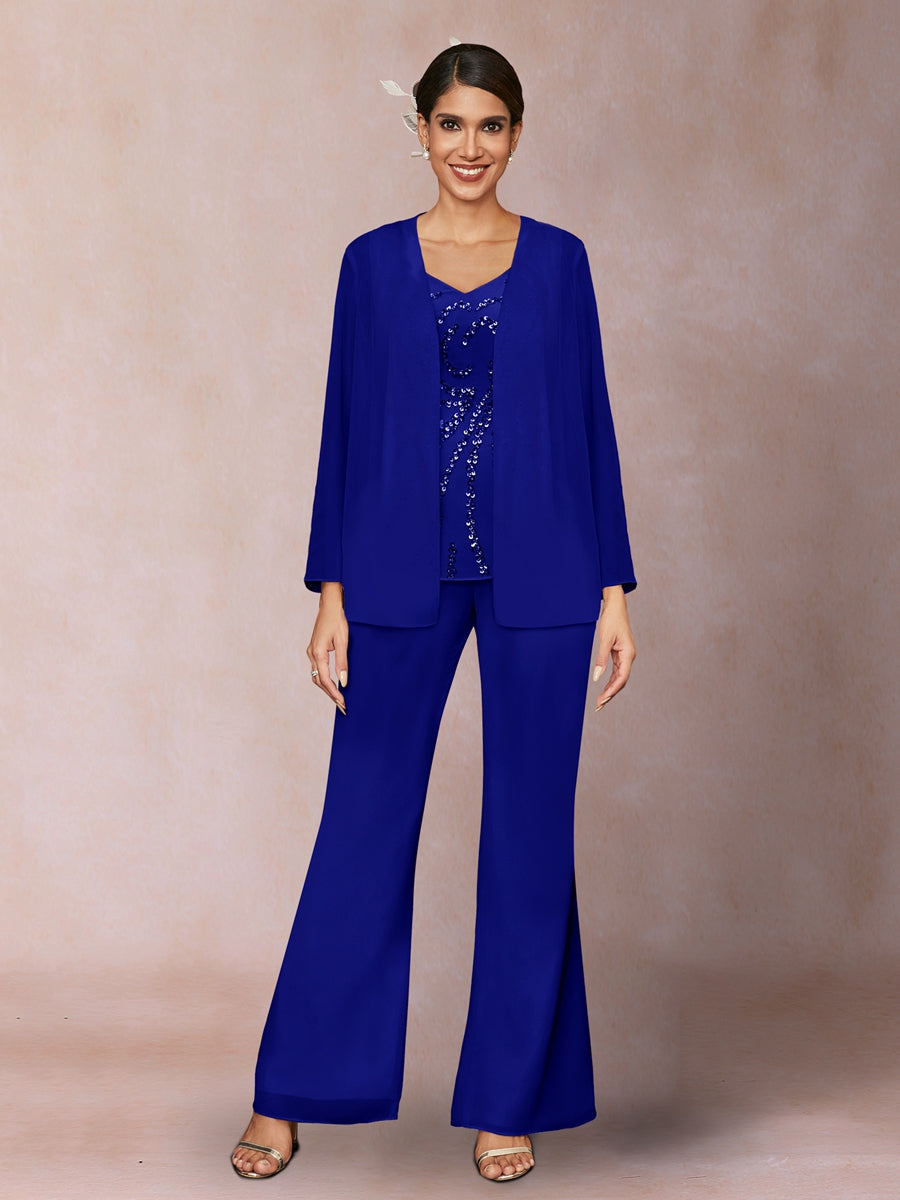 Chiffon Sequins V-Neck Long Sleeves 3 Pieces Pantsuits with Jacket