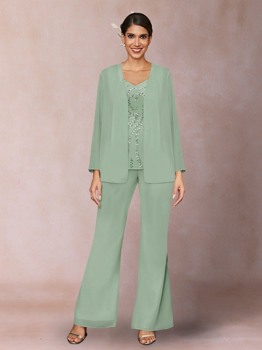 Chiffon Sequins V-Neck Long Sleeves 3 Pieces Pantsuits with Jacket