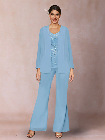 Chiffon Sequins V-Neck Long Sleeves 3 Pieces Pantsuits with Jacket