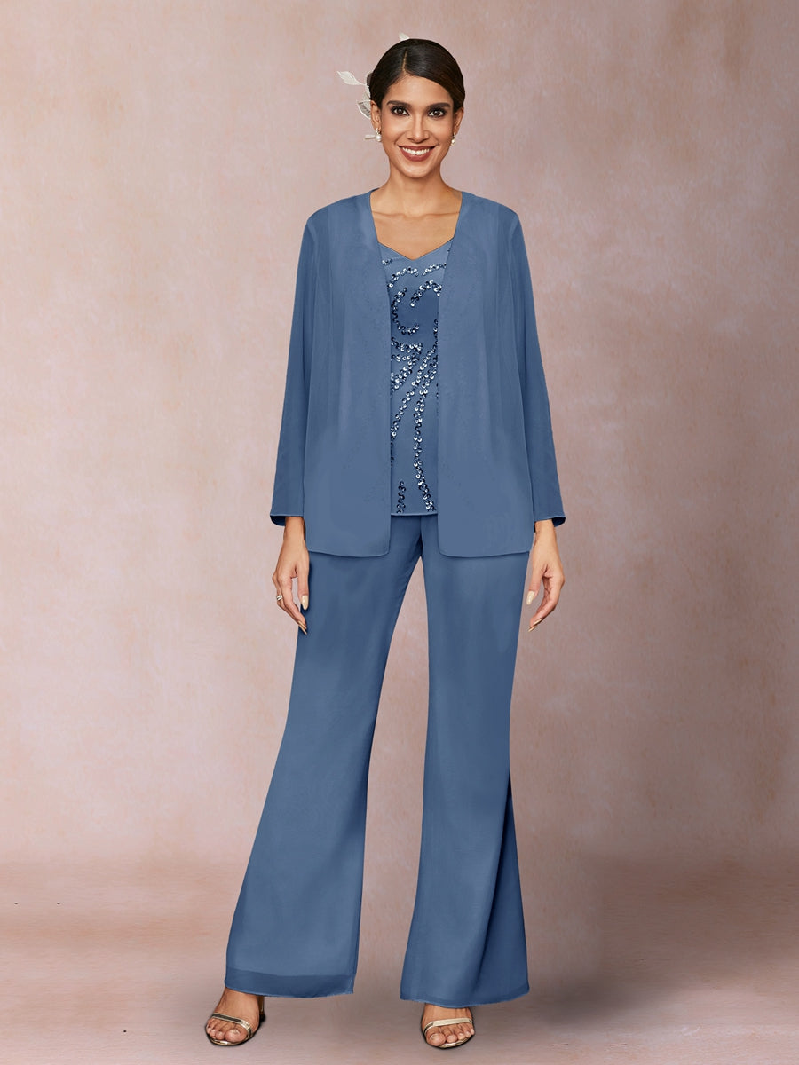 Chiffon Sequins V-Neck Long Sleeves 3 Pieces Pantsuits with Jacket