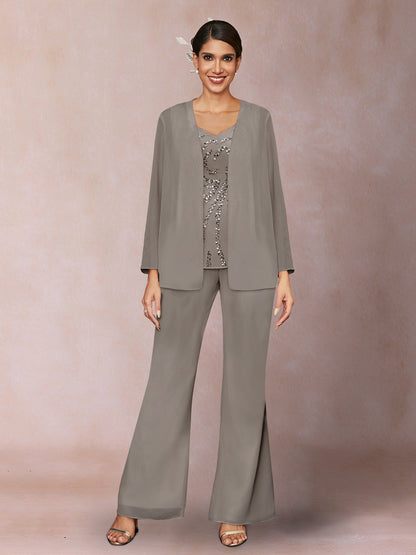 Chiffon Sequins V-Neck Long Sleeves 3 Pieces Pantsuits with Jacket