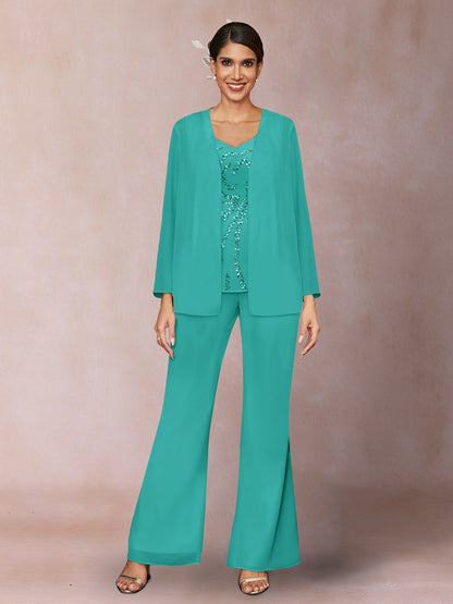 Chiffon Sequins V-Neck Long Sleeves 3 Pieces Pantsuits with Jacket