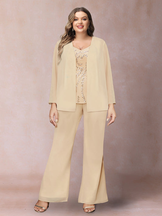 Chiffon Sequins V-Neck Long Sleeves 3 Pieces Plus Size Pantsuits with Jacket