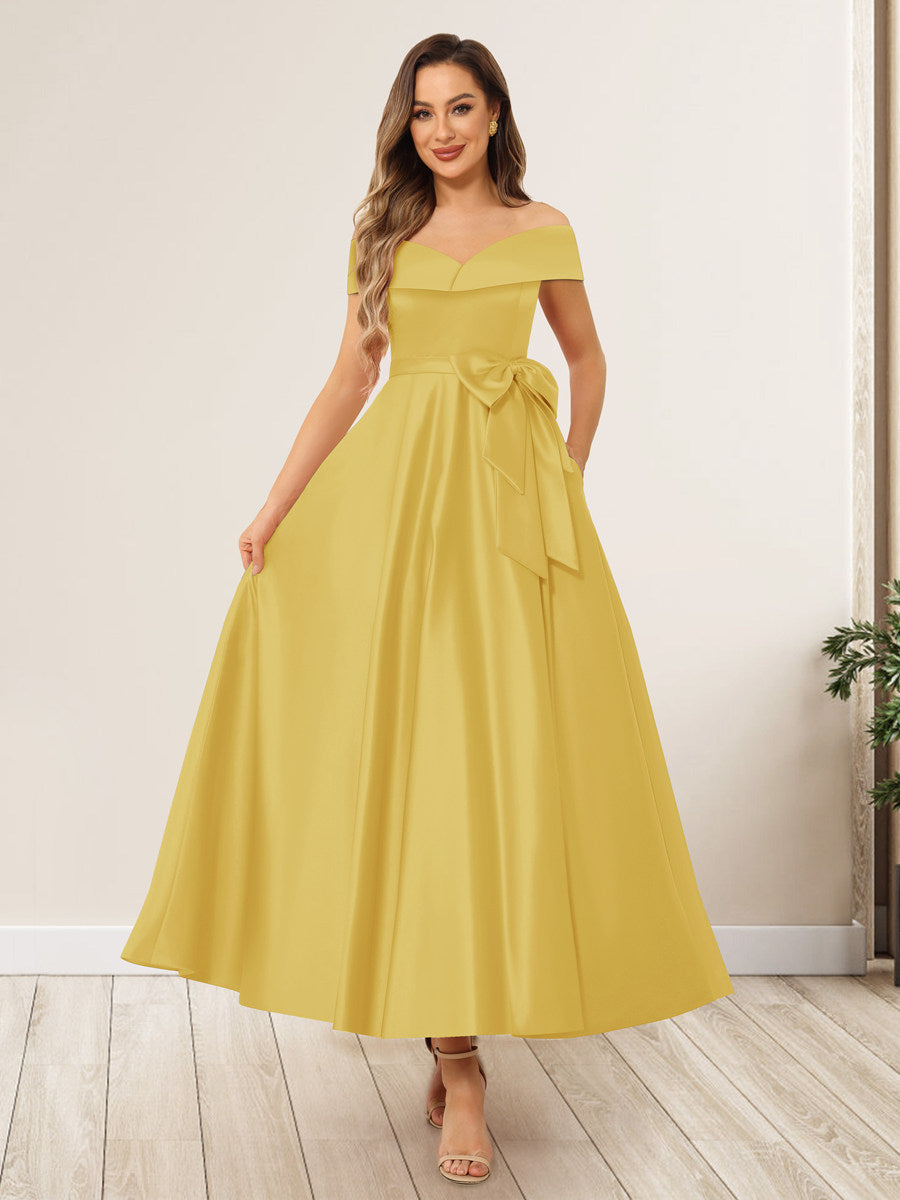 A-Line/Princess Off-The-Shoulder Sleeveless Long Evening Dresses with Bow Knot