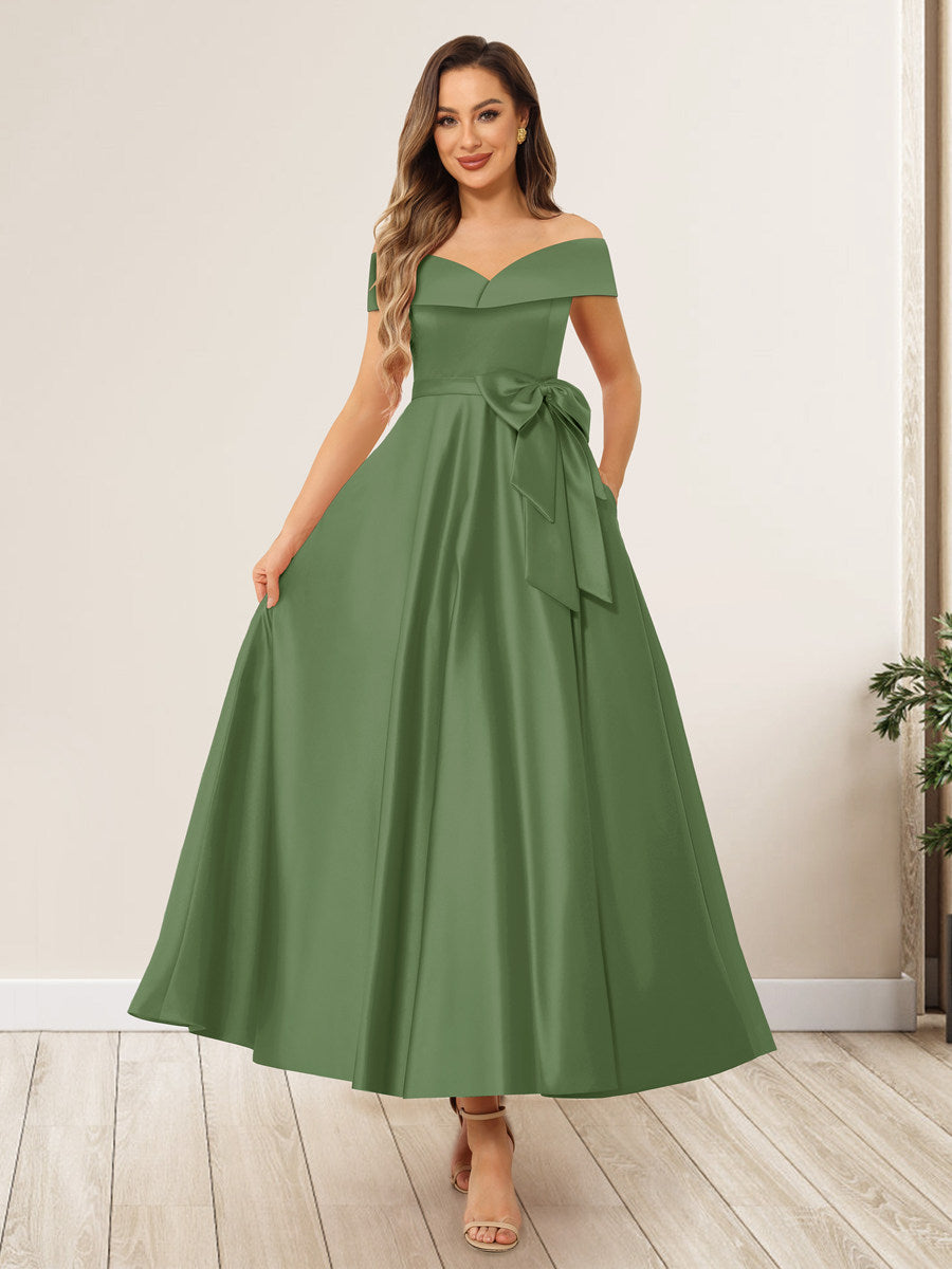 A-Line/Princess Off-The-Shoulder Sleeveless Long Evening Dresses with Bow Knot