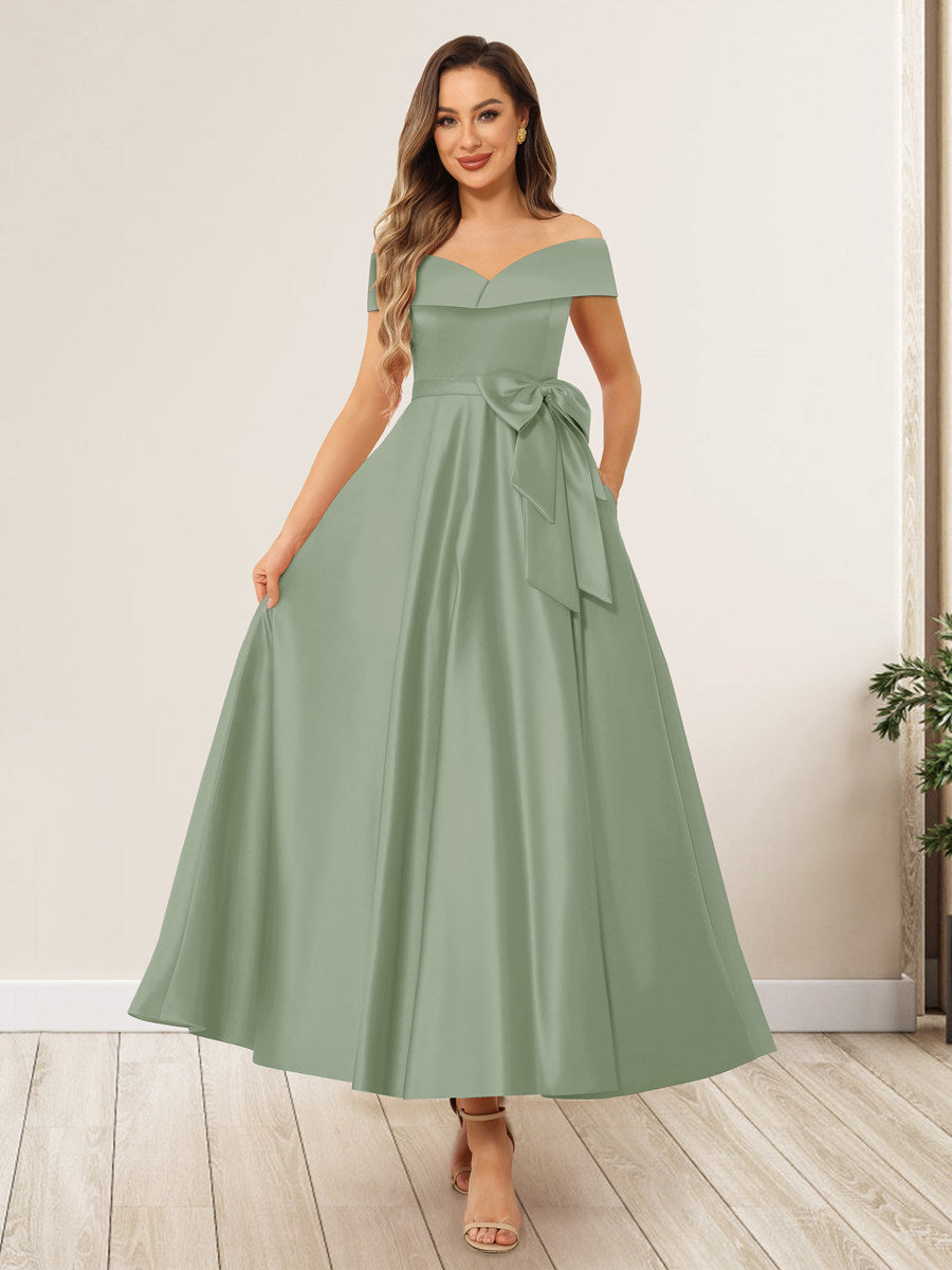 A-Line/Princess Off-The-Shoulder Sleeveless Long Evening Dresses with Bow Knot