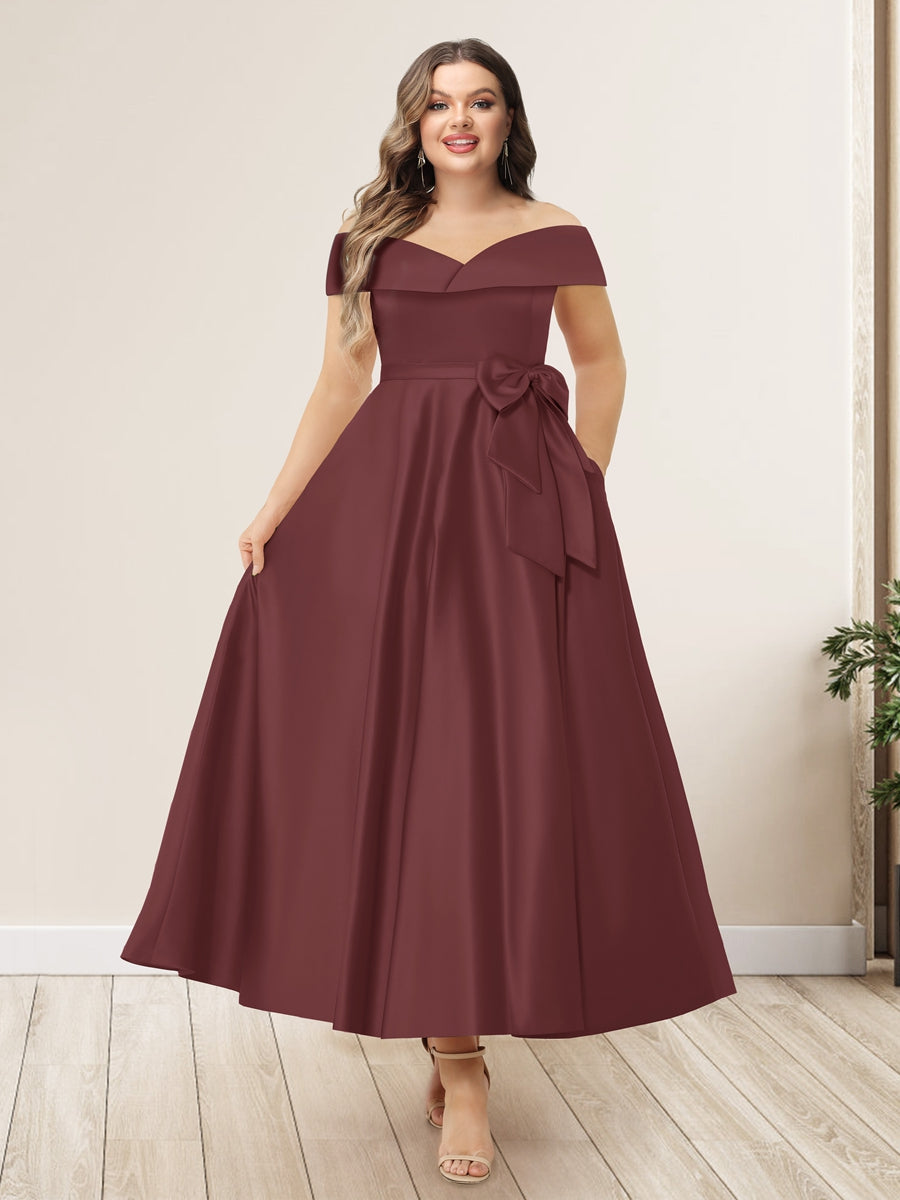 A-Line/Princess Off-The-Shoulder Sleeveless Plus Size Long Evening Dresses with Bow Knot