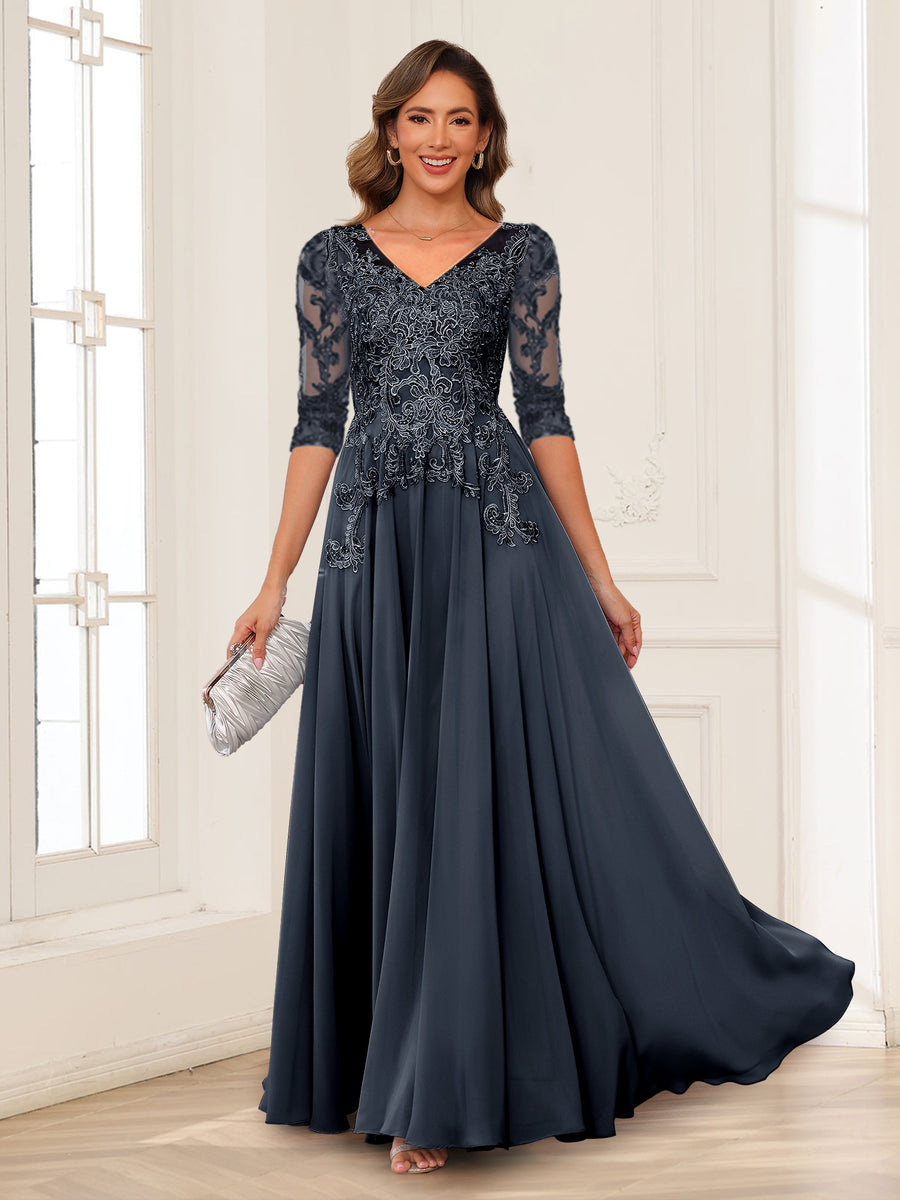 A-Line/Princess V-Neck Long Sleeves Chiffon Mother of the Bride Dresses with Applique