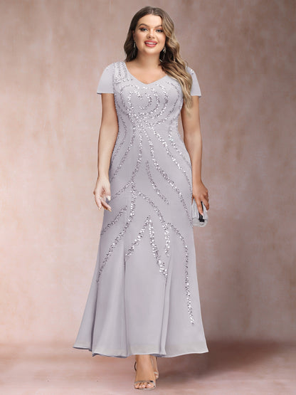 Sheath/Column V-Neck Ankle-Length Plus Size Evening Dresses With Jacket & Sequins