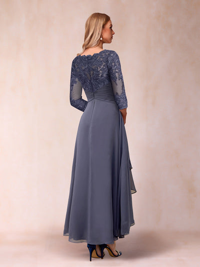 A-Line/Princess Sheer Neck 3/4 Sleeves Long Formal Evening Dresses with Beading & Appliques