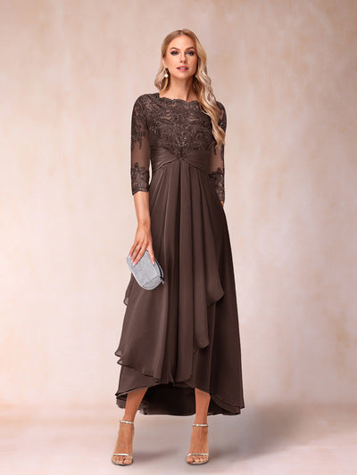 A-Line/Princess Sheer Neck 3/4 Sleeves Long Formal Evening Dresses with Beading & Appliques