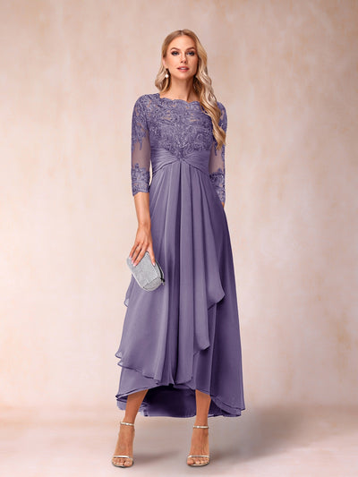 A-Line/Princess Sheer Neck 3/4 Sleeves Long Formal Evening Dresses with Beading & Appliques