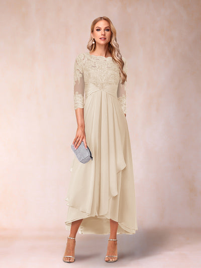 A-Line/Princess Sheer Neck 3/4 Sleeves Long Formal Evening Dresses with Beading & Appliques