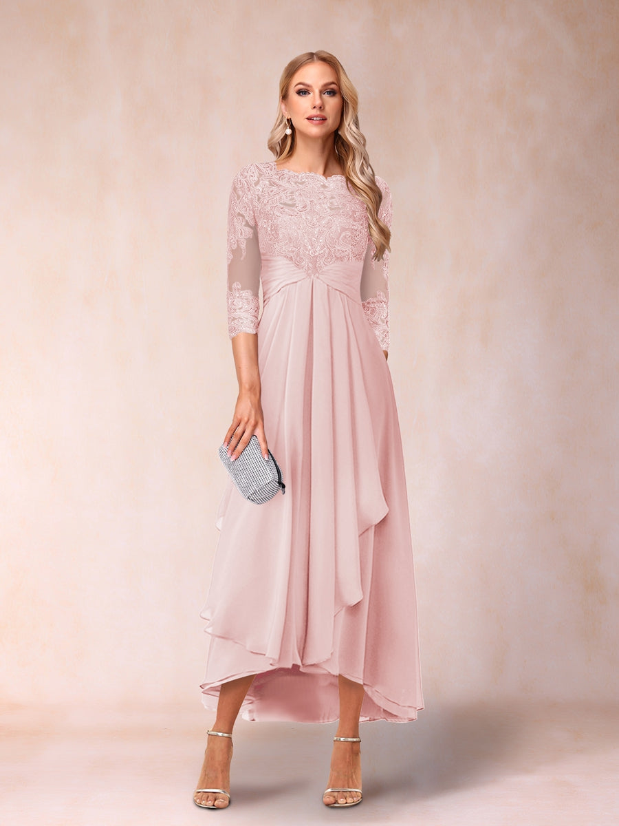 A-Line/Princess Sheer Neck 3/4 Sleeves Long Formal Evening Dresses with Beading & Appliques