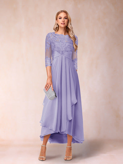 A-Line/Princess Sheer Neck 3/4 Sleeves Long Formal Evening Dresses with Beading & Appliques