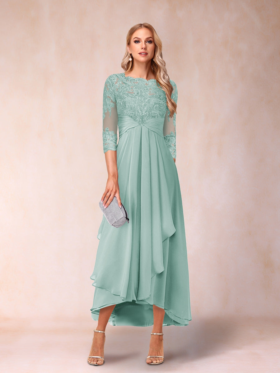 A-Line/Princess Sheer Neck 3/4 Sleeves Long Formal Evening Dresses with Beading & Appliques