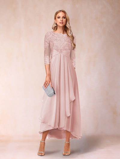 A-Line/Princess Sheer Neck 3/4 Sleeves Long Formal Evening Dresses with Beading & Appliques